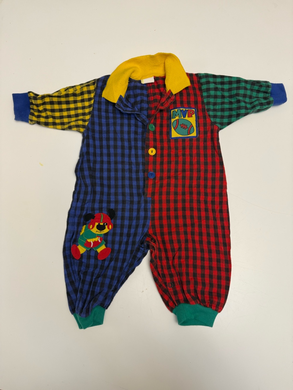 Vintage 90’s Colorblock Plaid Baby One-Piece with Playful Patchwork